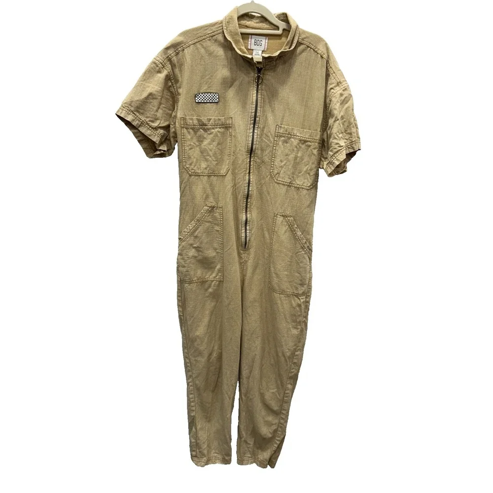 BDG Jumpsuit Womens Large Tan Cotton Utility Zip Front Short Sleeve Gorpcore - Picture 1 of 9
